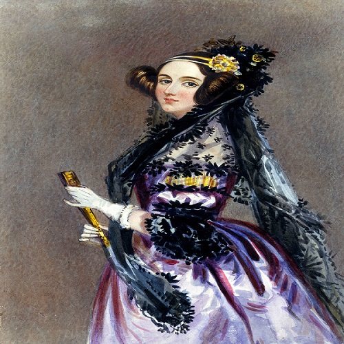 a painting of ada lovelace in a purple dress holding a fan